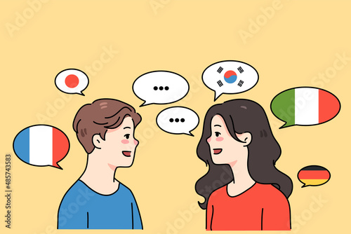 Diverse people talk in different languages. Smiling multiethnic man and woman speak communicate. Multicultural friends communication concept. Learning and education. Vector illustration. 