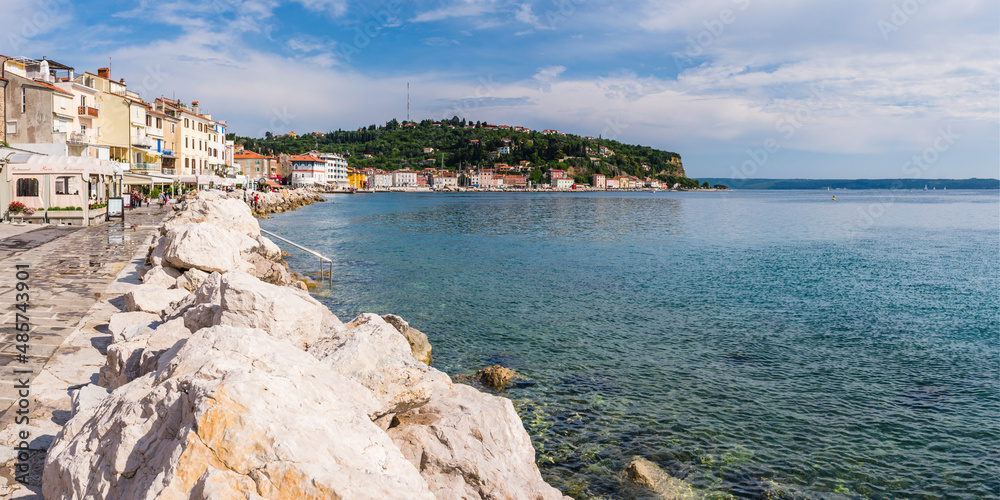 Panoramic photo of Adriatic Sea front, Piran, Slovenian Istria, Slovenia, Europe