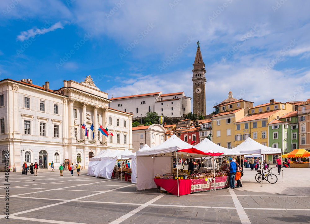 Tartini Square Market in Giuseppe Tartini Square, Piran, Slovenian Istria, Slovenia, Europe