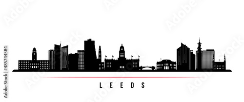 Leeds skyline horizontal banner. Black and white silhouette of Leeds, UK. Vector template for your design.
