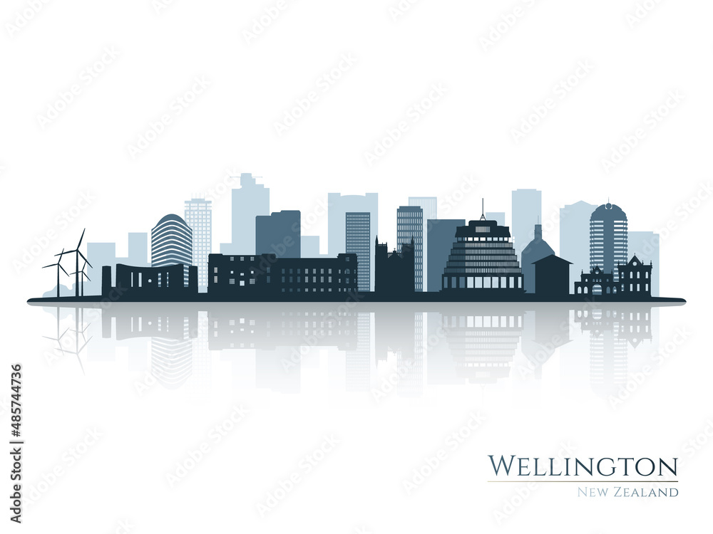 Naklejka premium Wellington skyline silhouette with reflection. Landscape Wellington, New Zealand. Vector illustration.