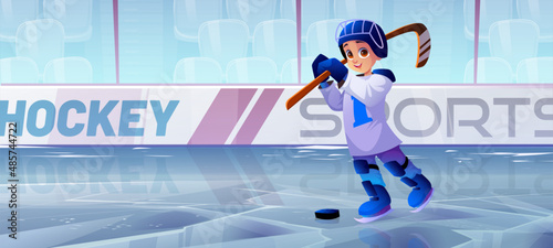 Hockey ice rink with boy player in helmet and skates. Vector cartoon illustration of public sport stadium with ice field, benches and kid with puck and hockey stick