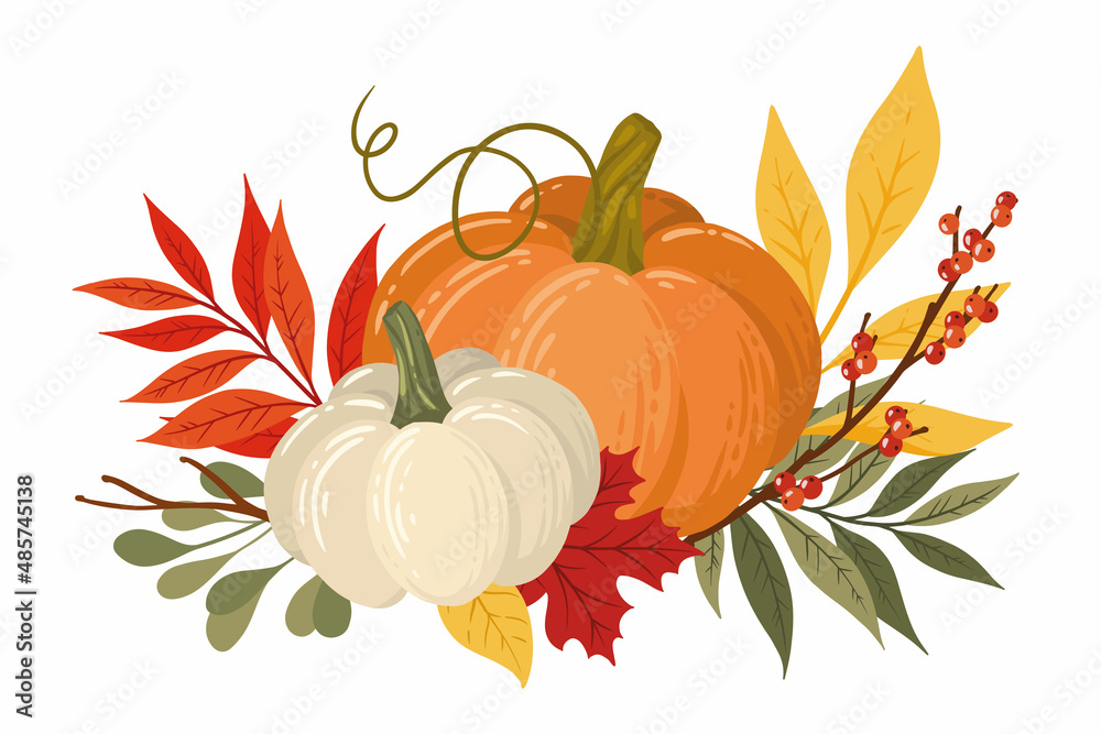 Autumn composition with pumpkin, leaves and twigs. Colored flat vector ...