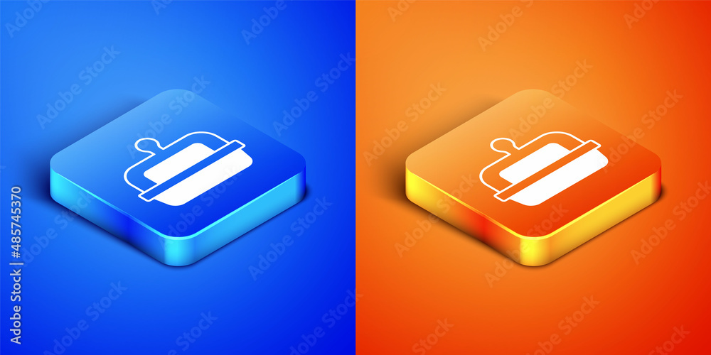Isometric Butter in a butter dish icon isolated on blue and orange background. Butter brick on plate. Milk based product. Natural dairy product. Square button. Vector Isometric Butter in a butter dish icon isolated on blue and orange background. Butter brick on plate. Milk based product. Natural dairy product. Square button. Vector