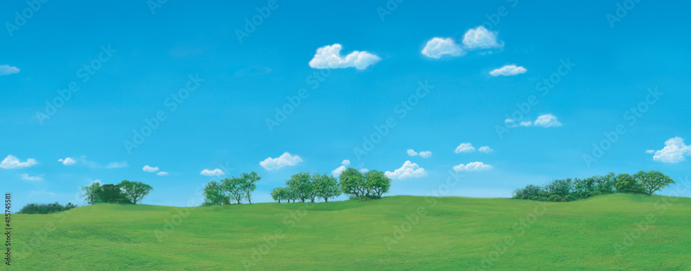 Green lawn with big trees and white cloud blue sky
