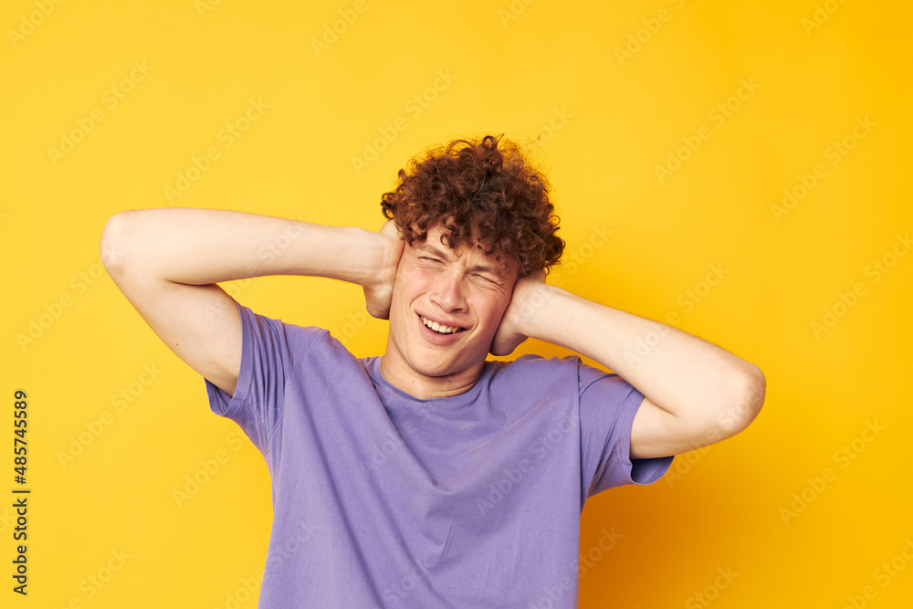 purple t-shirt youth home style emotions yellow background purple t-shirt youth home style emotions yellow background