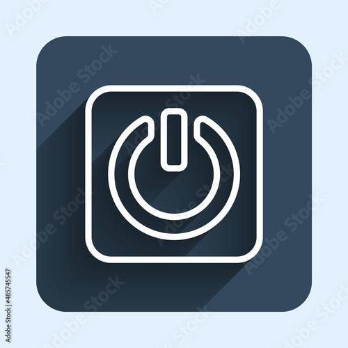 White line Power button icon isolated with long shadow background. Start sign. Blue square button. Vector