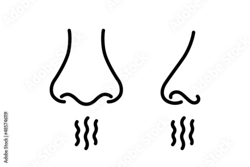 Nose and breath icon. Nasal breathing. Human organ of smell. Unpleasant smell. Nose inhales fragrance. Set of outline icons. Vector illustration in line style on white background. Editable stroke.