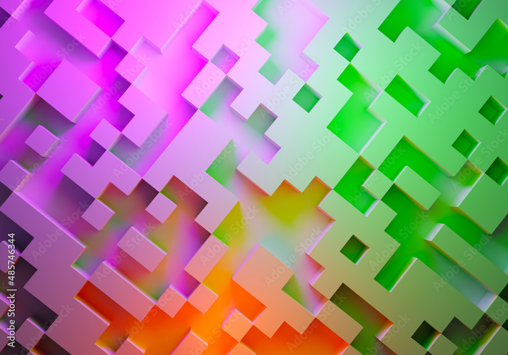 Colorful background. Bright geometric gradient. Three-dimensional background for your design. Geometric elements on multi-colored pattern. Abstract wallpaper. Green - purple texture. 3d rendering.