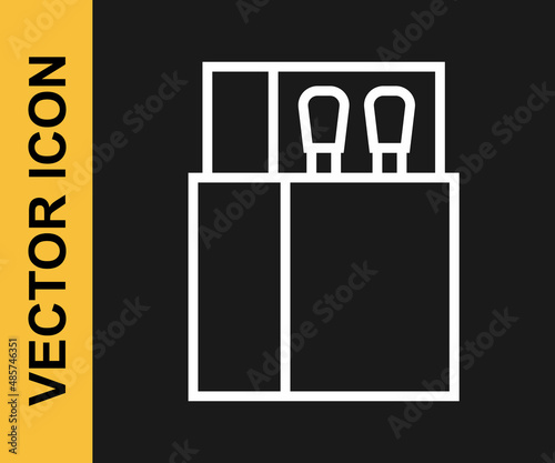 White line Open matchbox and matches icon isolated on black background. Vector