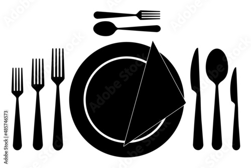 Plate, big set of silverware and napkin, symbol for multi course menu or noble restaurant, black icons isolated on white background