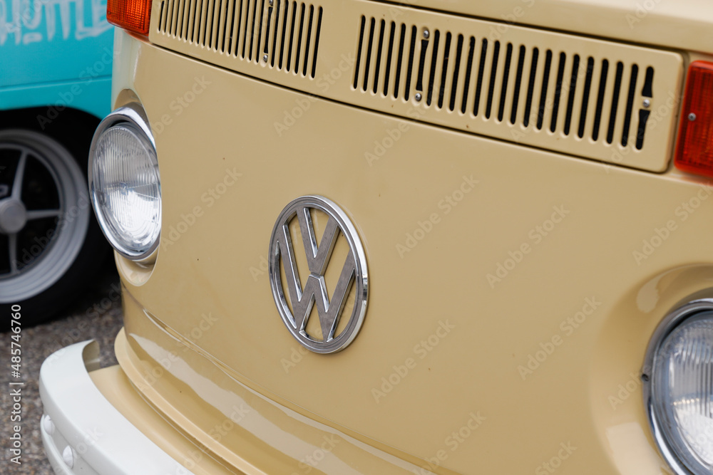 vw brand sign and text logo of seventies Minibus Volkswagen Type 2 1970 ...