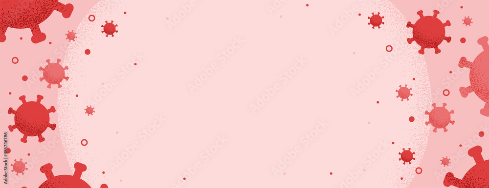 Red texture background with coronavirus molecules flying around the edges  and space for text or image in the center. Banner or template on the theme  of COVID-19 causing disturbing feelings Stock Vector