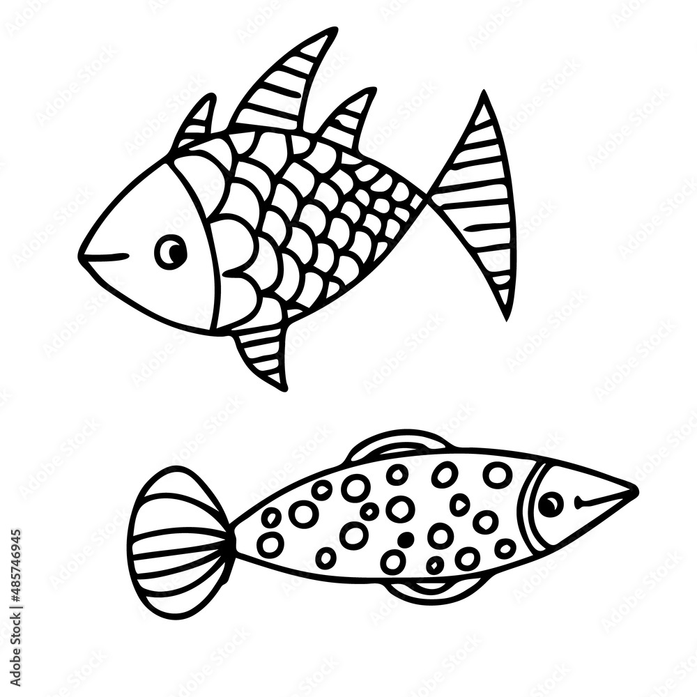 Fototapeta premium Set of beautiful patterned fish. In cartoon style. Funny fish in the underwater world. Antistress coloring book sketch for adults or kids, line drawing, doodle logo for tattoo