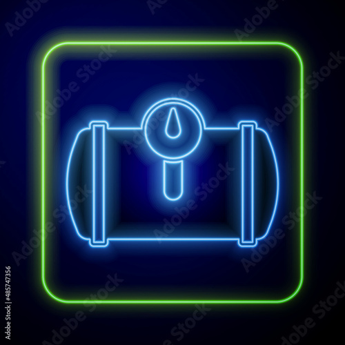 Glowing neon Gas tank for vehicle icon isolated on blue background. Gas tanks are installed in a car. Vector