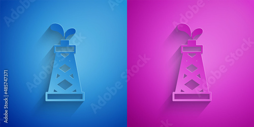 Paper cut Oil rig icon isolated on blue and purple background. Gas tower. Industrial object. Paper art style. Vector