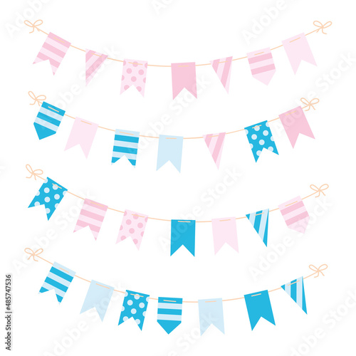 A set of icons depicting a garland of flags of different shapes and designs. In pink and blue, monochrome and multicolor, for boys and girls. For the decoration of websites, printing, textiles