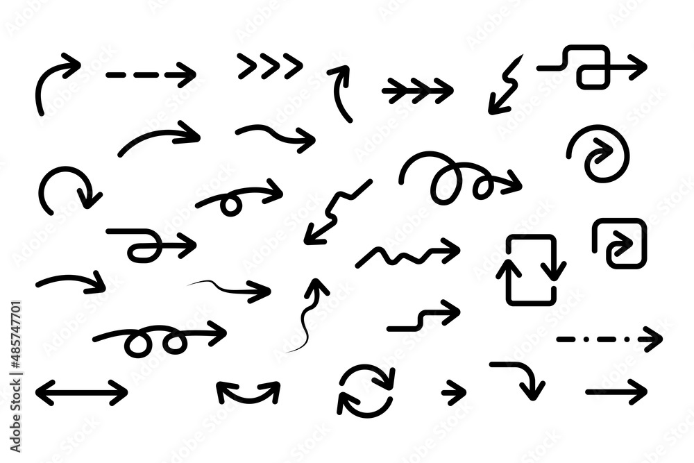 Set of drawn grunge arrows, doodle arrows, arrow silhouettes, pointers in the form of arrows in doodle style. Isolated on white background. Vector illustration Set of drawn grunge arrows, doodle arrows, arrow silhouettes, pointers in the form of arrows in doodle style. Isolated on white background. Vector illustration