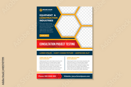 equipment and construction industries flyer using blue, red and yellow colors. brochure template design with vertical layout. hexagon shape on element. space for photo collage and text.