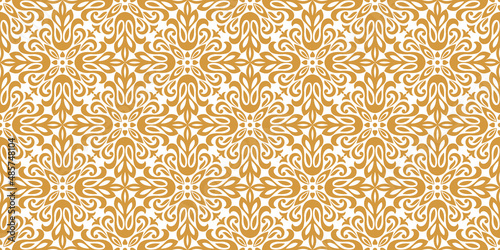 Wallpaper in the style of Baroque. Seamless vector background. White and gold floral ornament. Graphic pattern for fabric, wallpaper, packaging. Ornate Damask flower ornament