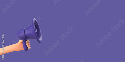 3d cartoon vector hand holding megaphone social media marketing banner template. Promotion advertising purple 3d loudspeaker