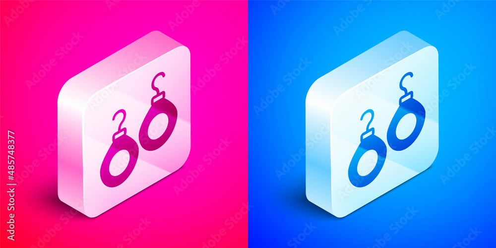Isometric Earrings icon isolated on pink and blue background. Jewelry accessories. Silver square button. Vector Isometric Earrings icon isolated on pink and blue background. Jewelry accessories. Silver square button. Vector