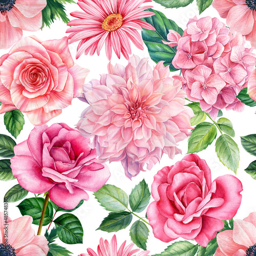 Delicate flowers hand drawn. Seamless pattern with dahlia, roses, anemones. digital printing textile pattern wallpaper 