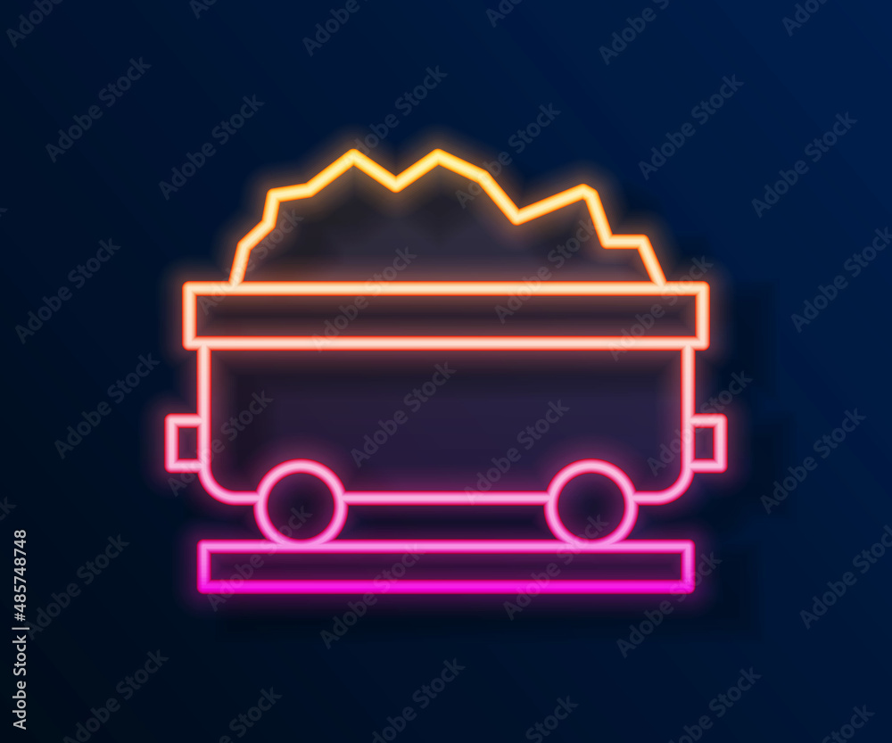 Glowing neon line Coal train wagon icon isolated on black background. Rail transportation. Vector