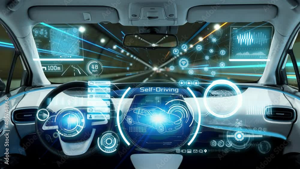 Interior of autonomous car. Driverless vehicle. Driving assist system. HUD (Heads up display).