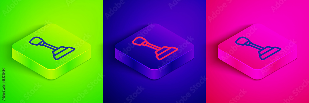 Isometric line Gear shifter icon isolated on green, blue and pink background. Manual transmission icon. Square button. Vector Isometric line Gear shifter icon isolated on green, blue and pink background. Manual transmission icon. Square button. Vector
