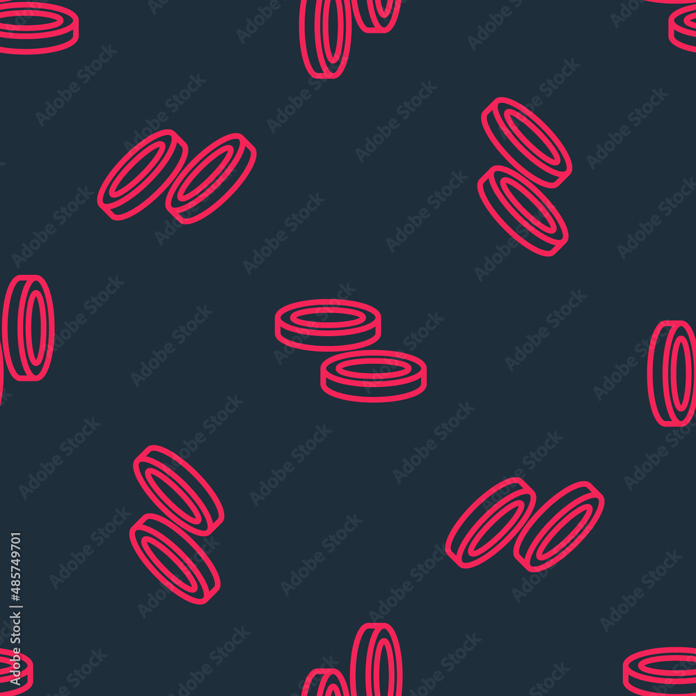Red line Checker game chips icon isolated seamless pattern on black background. Vector