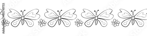 Vector edging, ribbon, border from outline cute butterflies and flowers. Nature, spring, summer seamless pattern, ornament, decorative element, decoration in doodle style