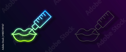 Glowing neon line Lip augmentation icon isolated on black background. Hyaluronic acid lips injection. Contour plastic. Vector