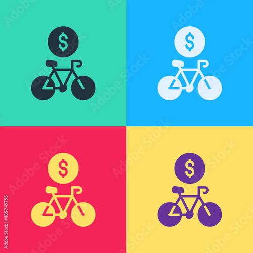 Pop art Bicycle rental mobile app icon isolated on color background. Smart service for rent bicycles in the city. Mobile app for sharing system. Vector