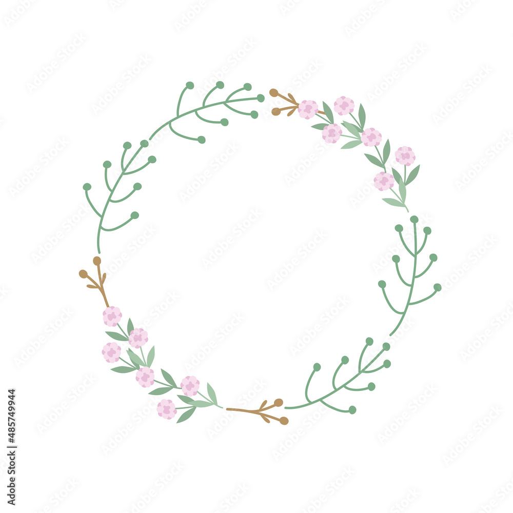 Wreath with delicate roses and green twigs with leaves. Festive vector illustration for the design or decor of postcards, invitations. Rustic template for circle-shaped text