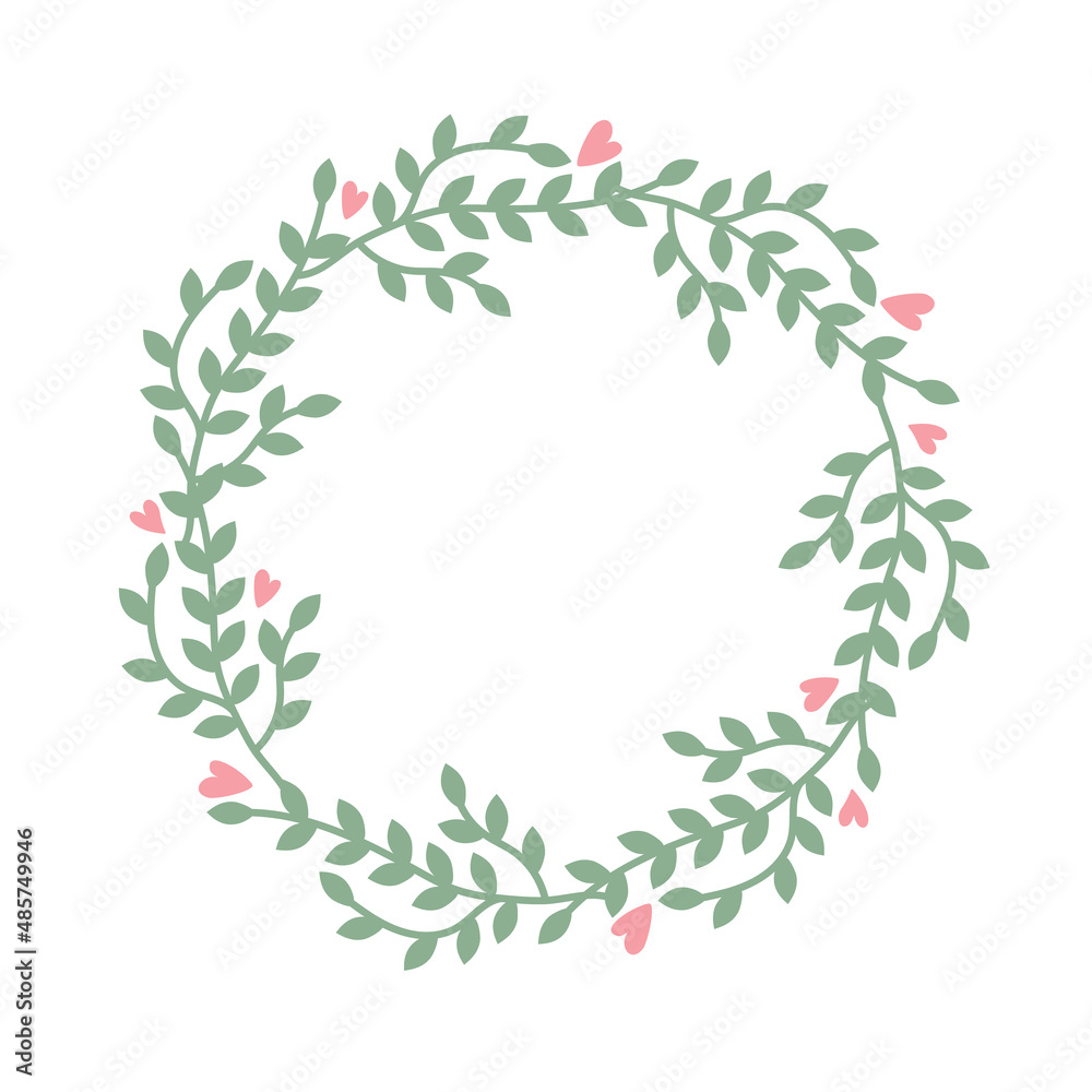Wreath with green twigs with leaves and pink hearts. Festive vector illustration for the design or decor of postcards, invitations. Rustic template for circle-shaped text Wreath with green twigs with leaves and pink hearts. Festive vector illustration for the design or decor of postcards, invitations. Rustic template for circle-shaped text