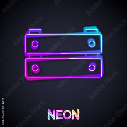 Glowing neon line Wooden box icon isolated on black background. Grocery basket, storehouse crate. Empty wooden container for vegetables, products. Vector