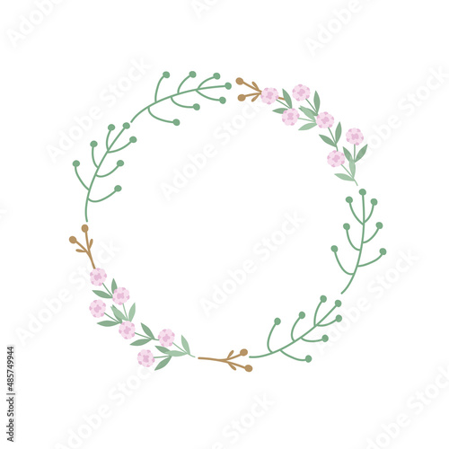 Wreath with delicate roses and green twigs with leaves. Festive vector illustration for the design or decor of postcards, invitations. Rustic template for circle-shaped text