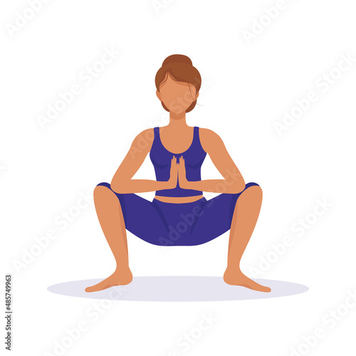 Girl is doing yoga, sitting in the malasana pose. Vector illustration of sports and healthy lifestyle. Ancient Indian practice of spiritual development, health and harmony. photo