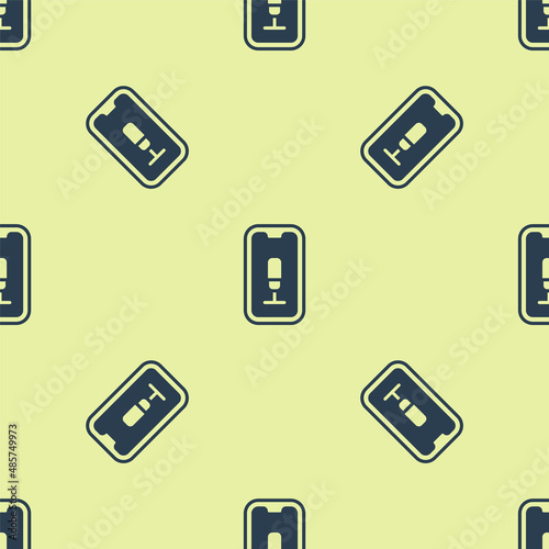 Blue Mobile recording icon isolated seamless pattern on yellow background. Mobile phone with microphone. Voice recorder app smartphone interface. Vector © Oksana