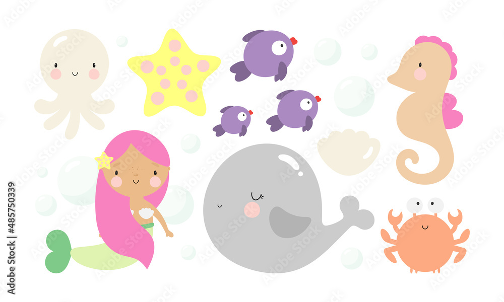 Cartoon sea characters. Cute fish, octopus, whale, starfish, seashell, seahorse, little mermaid, crab and octopus. Good for baby shower invitations, birthday cards, stickers, prints etc. Cartoon sea characters. Cute fish, octopus, whale, starfish, seashell, seahorse, little mermaid, crab and octopus. Good for baby shower invitations, birthday cards, stickers, prints etc.