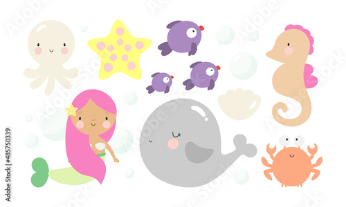 Cartoon sea characters. Cute fish, octopus, whale, starfish, seashell, seahorse, little mermaid, crab and octopus. Good for baby shower invitations, birthday cards, stickers, prints etc.