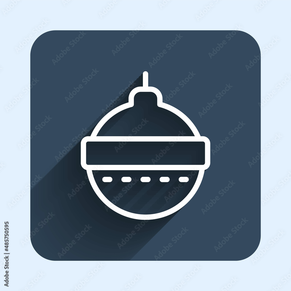 White line Christmas ball icon isolated with long shadow background. Merry Christmas and Happy New Year. Blue square button. Vector