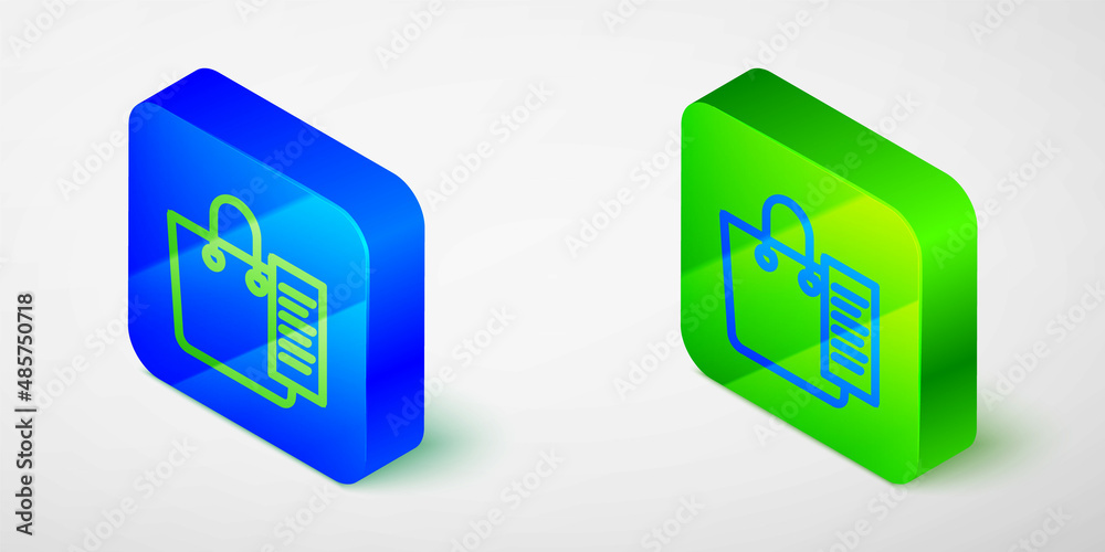 Isometric line Shopping list icon isolated on grey background. Blue and green square button. Vector Isometric line Shopping list icon isolated on grey background. Blue and green square button. Vector