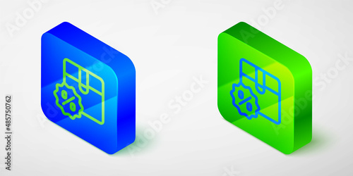 Isometric line Carton cardboard box with discount percent tag icon isolated on grey background. Box, package, parcel sign. Delivery and packaging. Blue and green square button. Vector