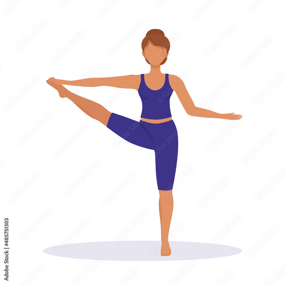Girl does yoga, stands in the stretching position with her hand, by the toe. Vector illustration of sports and healthy lifestyle. Ancient Indian practice of spiritual development, health and harmony. Girl does yoga, stands in the stretching position with her hand, by the toe. Vector illustration of sports and healthy lifestyle. Ancient Indian practice of spiritual development, health and harmony.