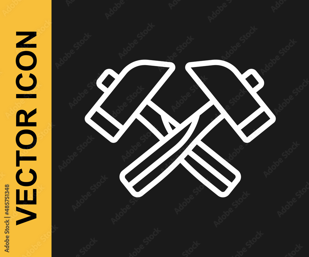 White line Crossed hammer icon isolated on black background. Tool for repair. Vector White line Crossed hammer icon isolated on black background. Tool for repair. Vector