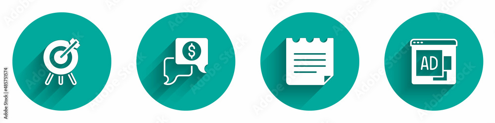 Set Target financial goal, Business negotiations, Notebook and Advertising icon with long shadow. Vector Set Target financial goal, Business negotiations, Notebook and Advertising icon with long shadow. Vector