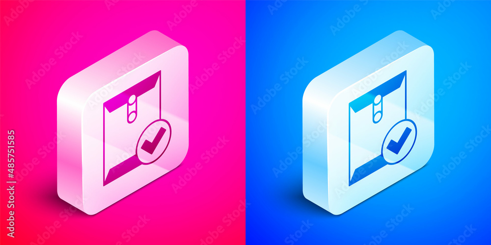 Isometric Envelope and check mark icon isolated on pink and blue background. Successful e-mail delivery, email delivery confirmation. Silver square button. Vector