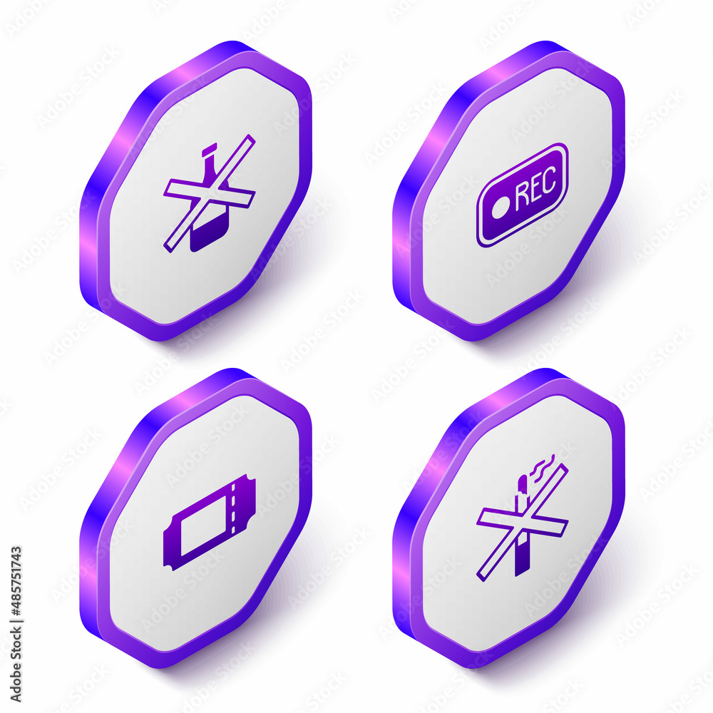 Set Isometric No alcohol, Record button, Cinema ticket and smoking icon. Purple hexagon button. Vector